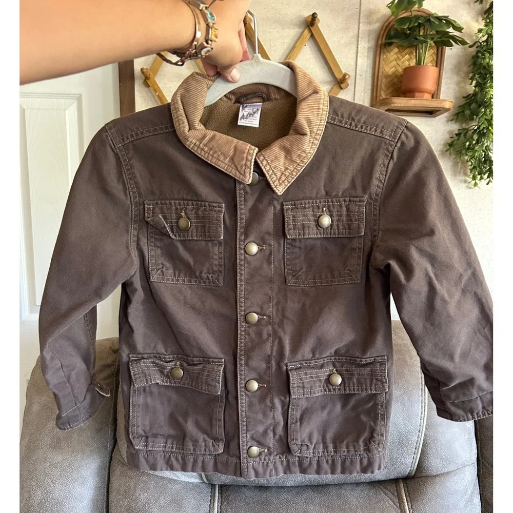Gymboree Kids Brown Cotton Canvas Barn Jacket Fleece Lined Coat Size S 5-6